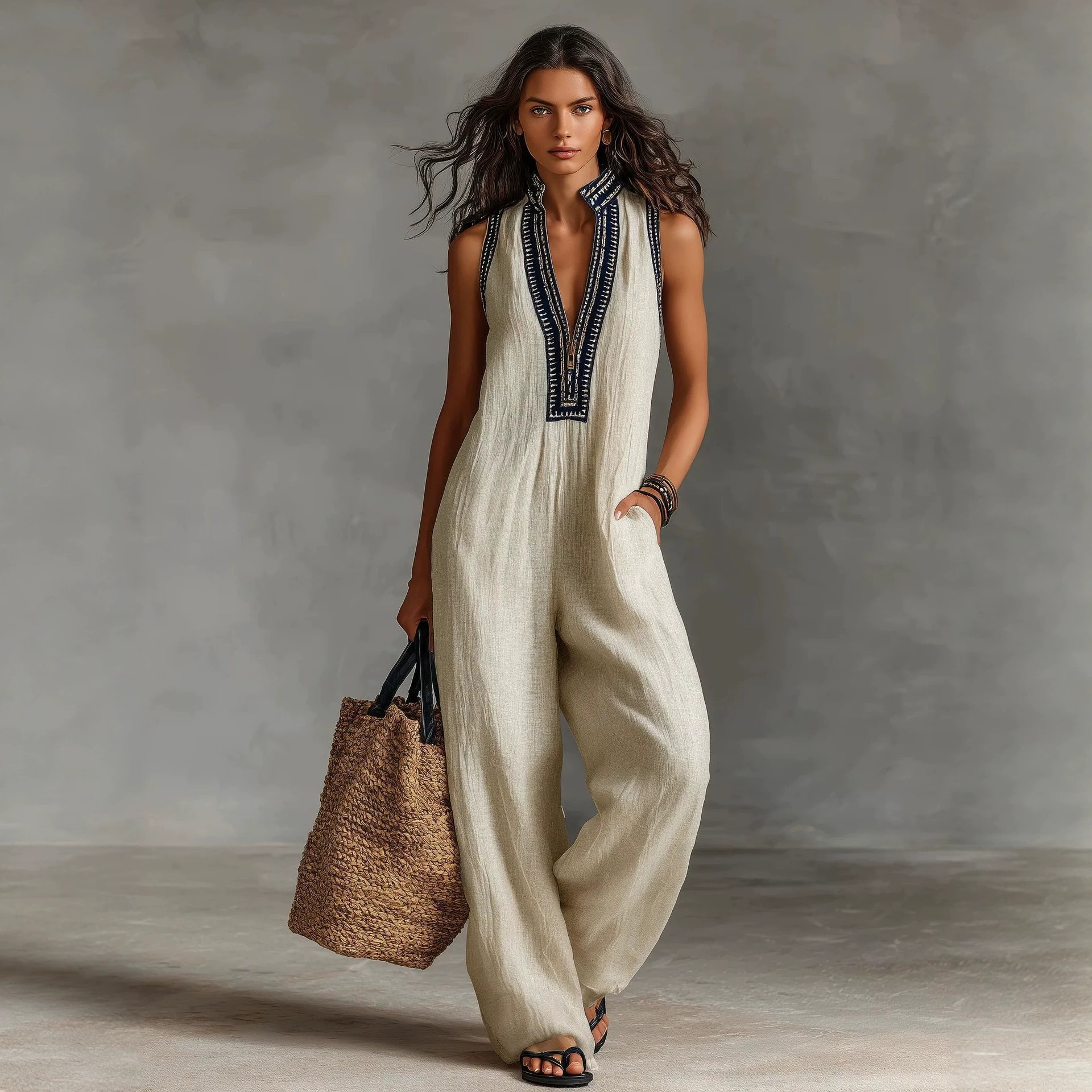 Women's Sleeveless Linen-Blend Wide-Leg Jumpsuit with Zip Stand Collar Embroidery