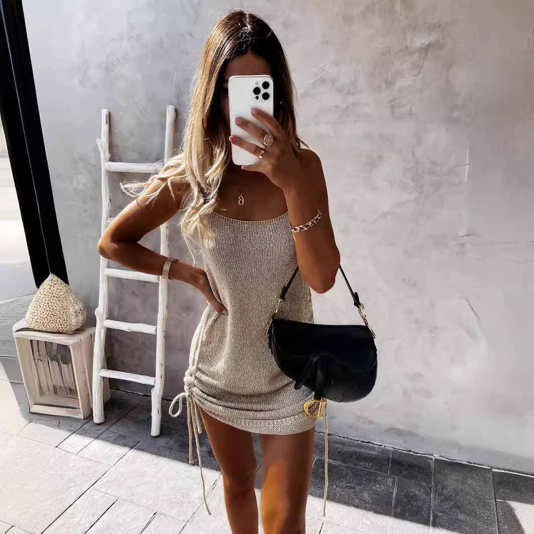 Women's Sleeveless Spaghetti Strap Drawstring Backless Bodycon Dress