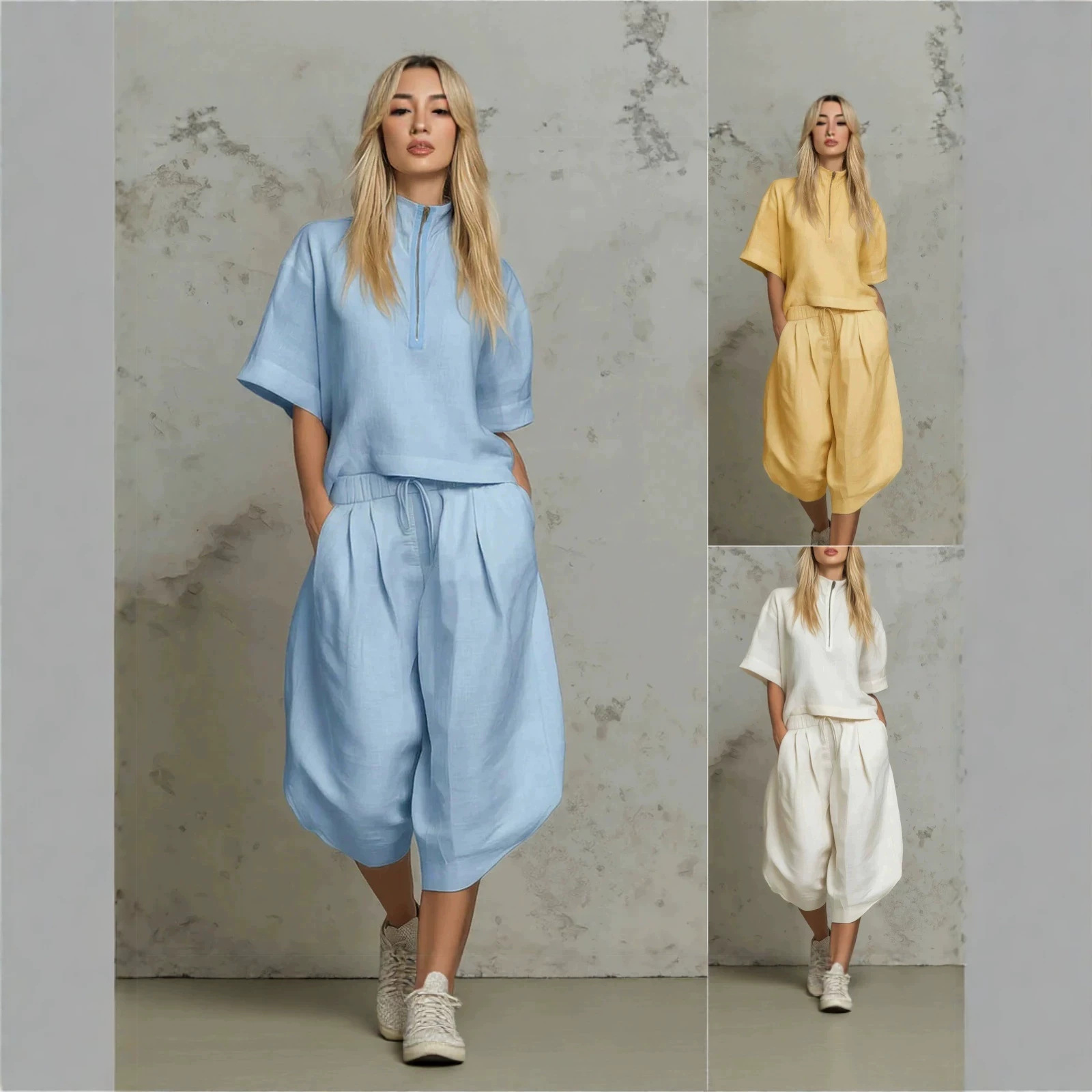 Solid Color Loose Fit Casual Two-Piece Set with Short Sleeve Top