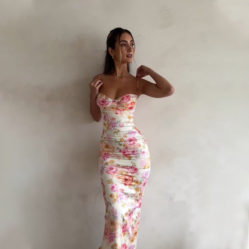 Floral Print Strapless Bodycon Backless Cami Dress