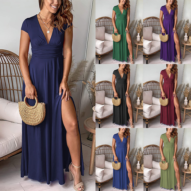 Women's Deep V-Neck Short Sleeve Maxi Dress Ruched High Waist Slit Solid Party Club Evening Dress
