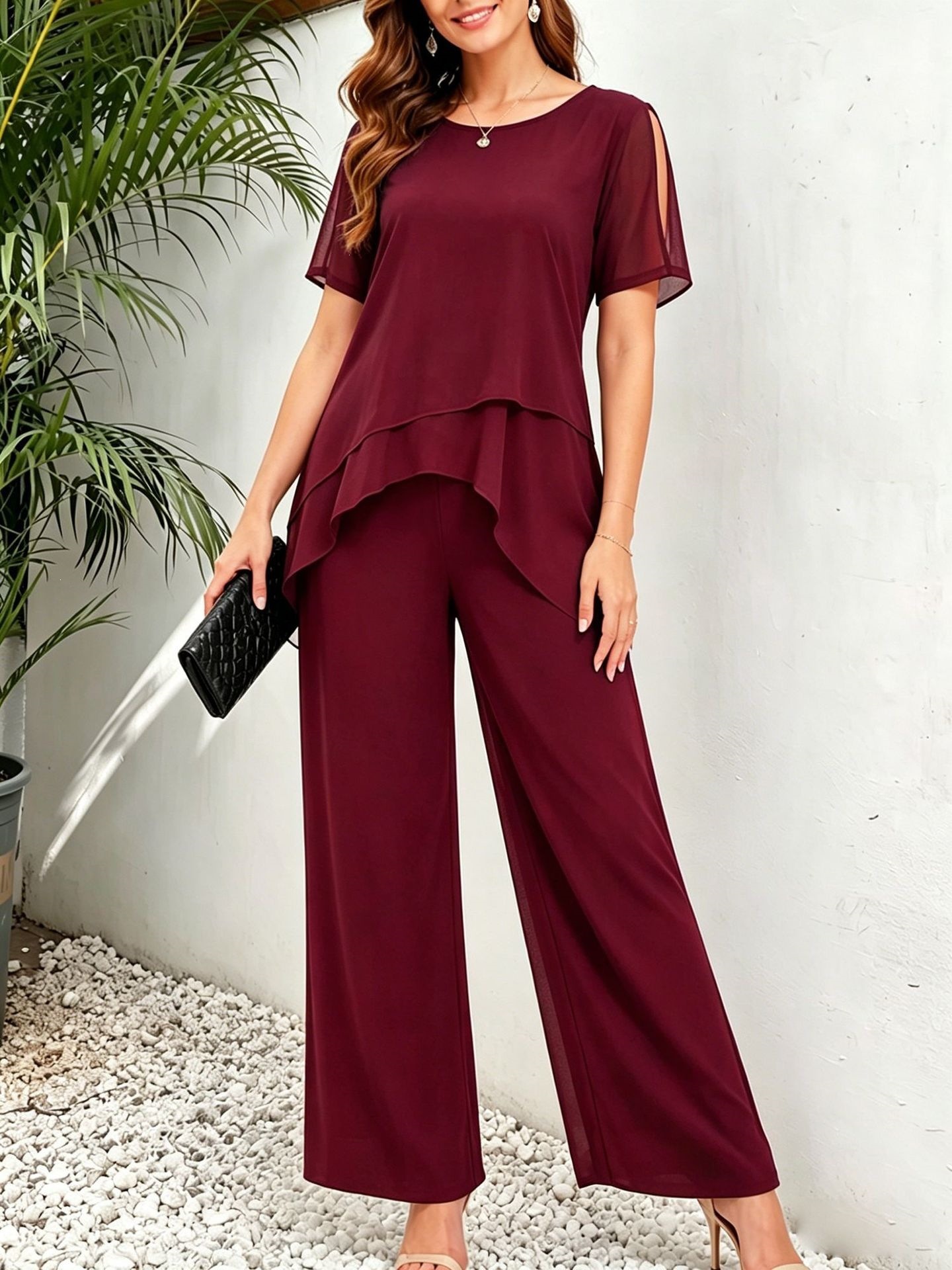 Women's Chiffon Asymmetric Top & Wide-Leg Pants Two-Piece Set