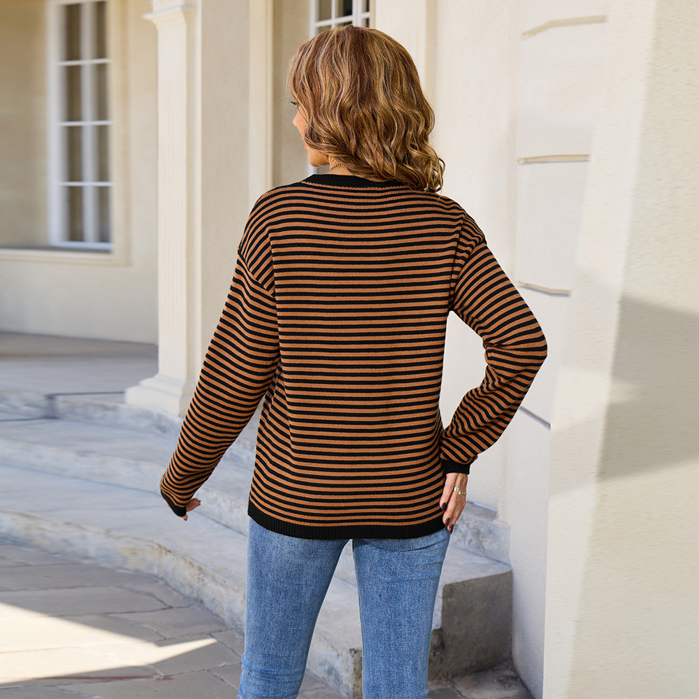 Women's Retro Striped Crewneck Knit Sweater Colorblock Pullover