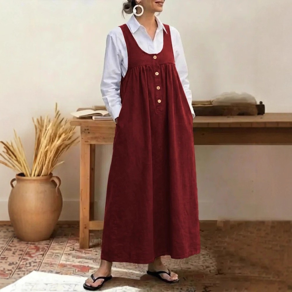 Solid Button Pinafore Dress Sleeveless Loose Casual