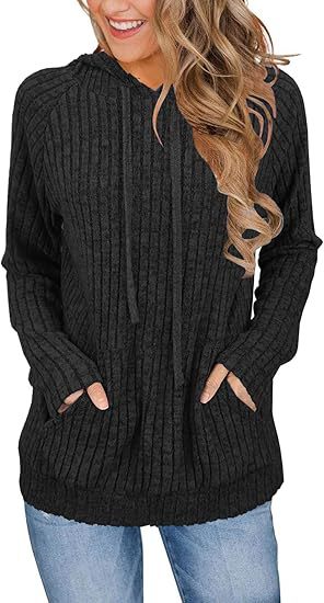 Ribbed Knit Hooded Pullover Sweatshirt with Pockets for Women