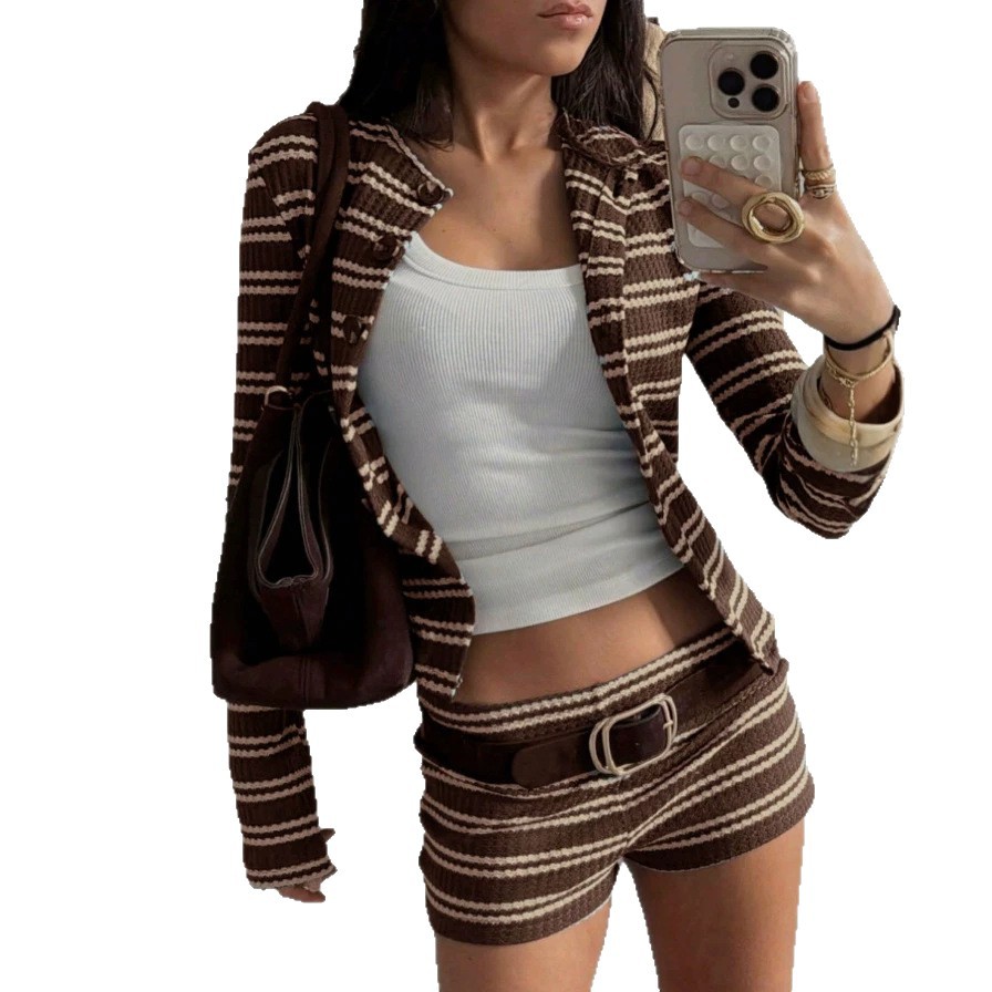 Striped Knit Cardigan and Shorts Set