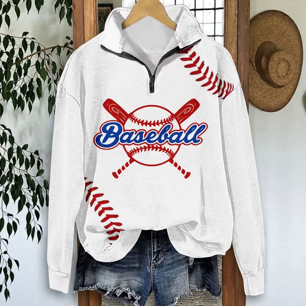 Women's Half-Zip Baseball Letter Print Hoodie