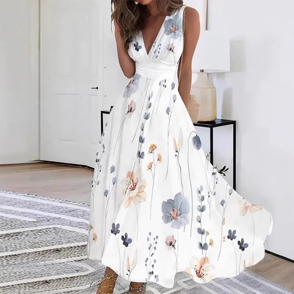 V-Neck High-Waist Sleeveless Floral Print Maxi Dress