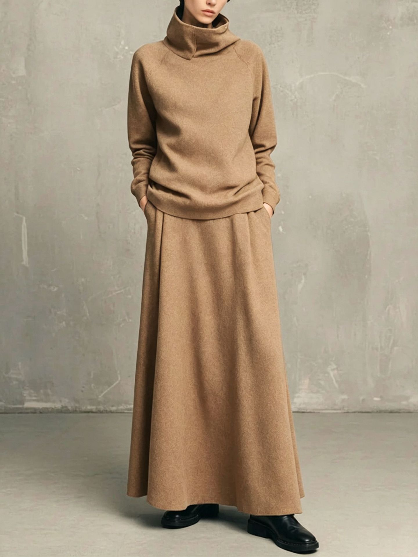 Women's Two-Piece Fleece-Lined Turtleneck Sweatshirt and Midi Skirt Set