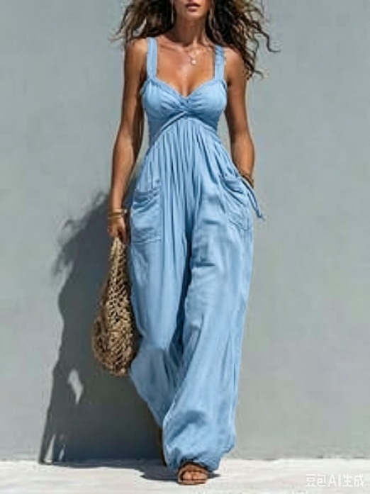 Women's Solid Color Sleeveless Wide-Leg Jumpsuit