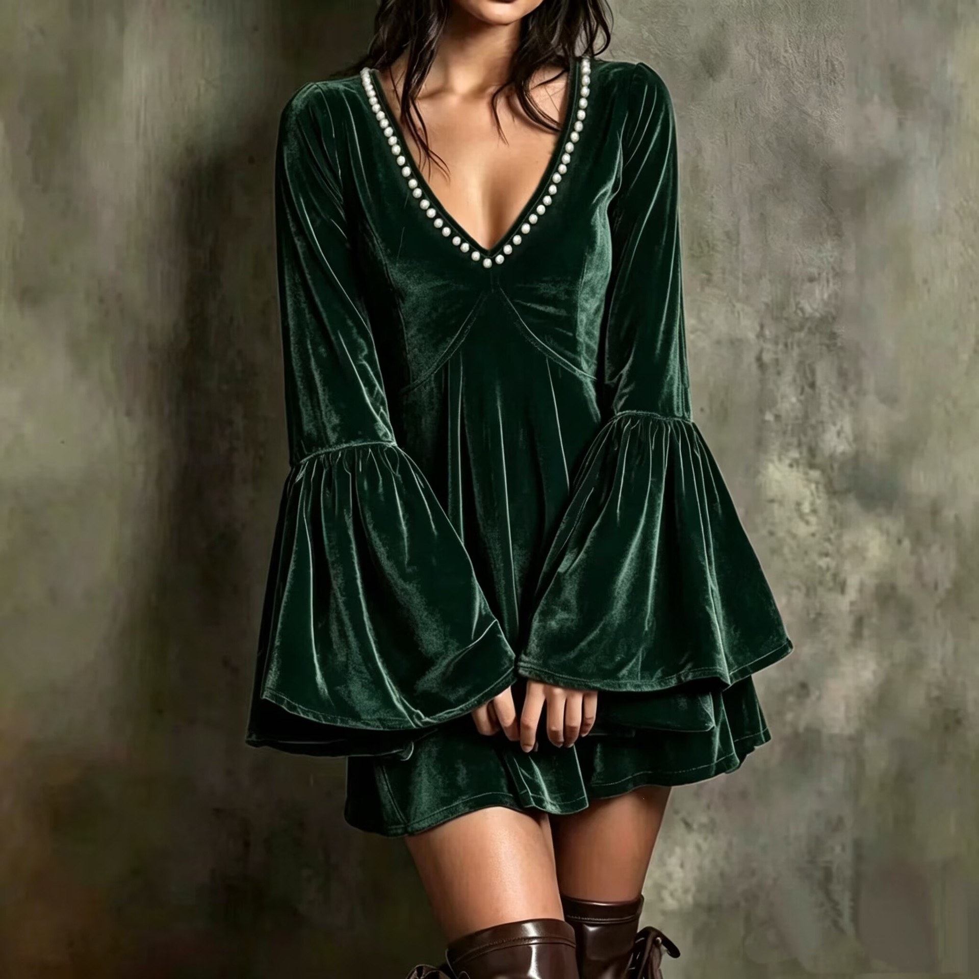 Pearl V-Neck Velvet Dress with Bell Sleeves and A-Line Waist