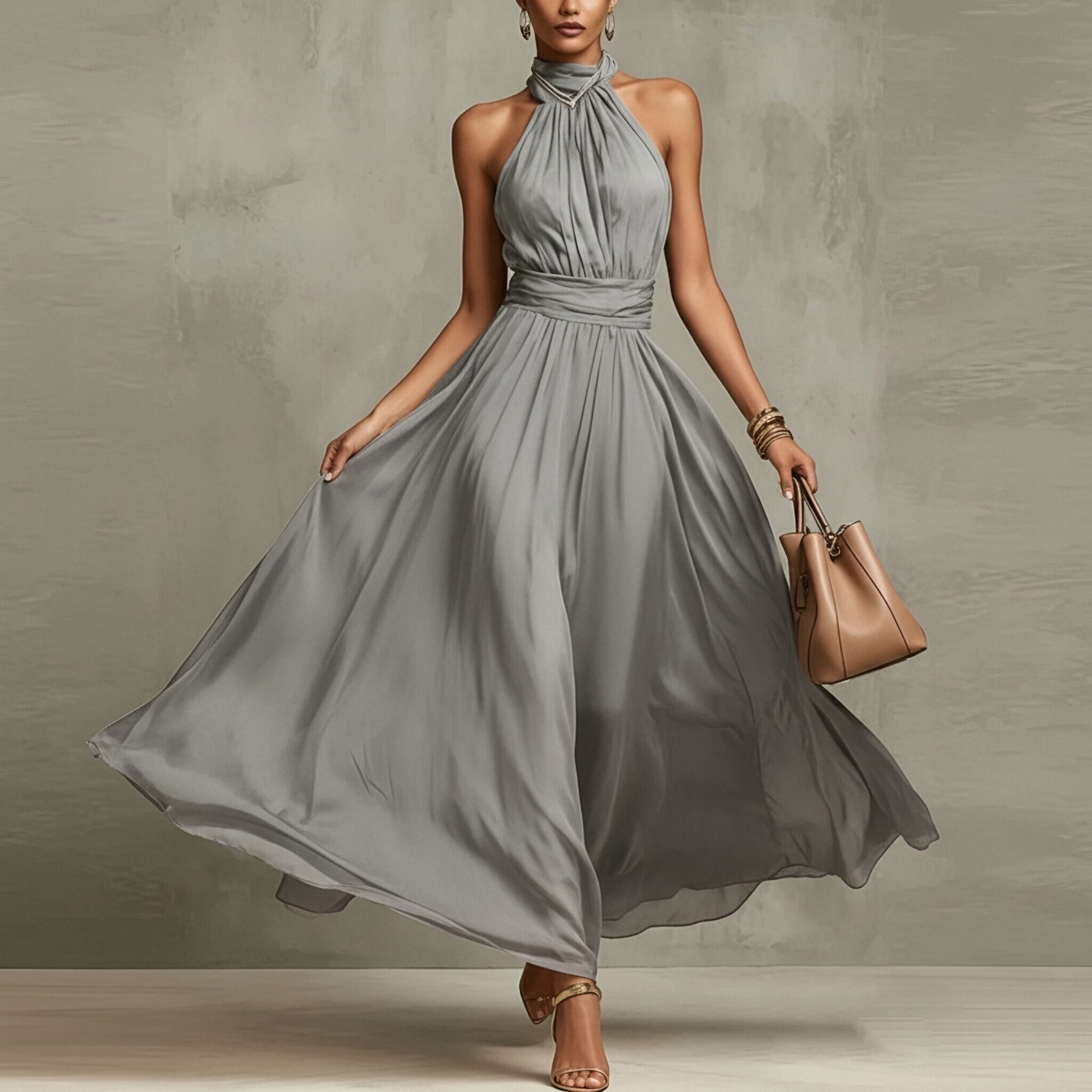 Elegant Floral Print Halter Sleeveless Bodycon Midi Dress