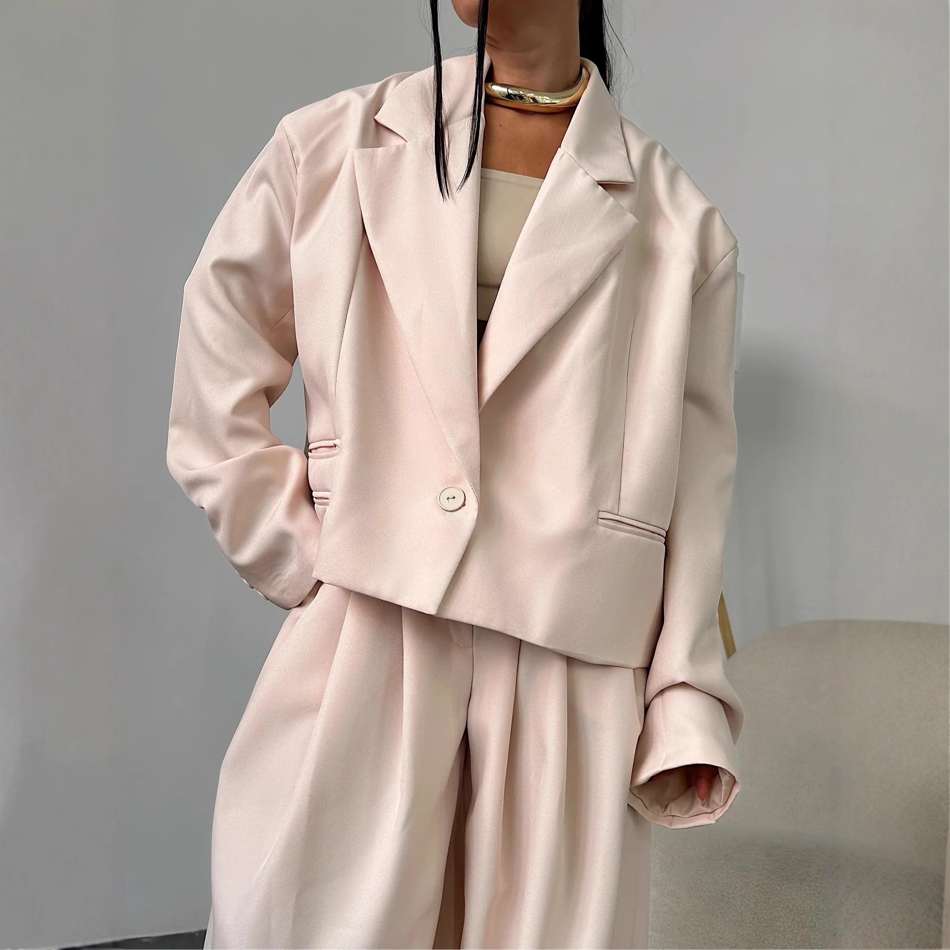 Women's Lapel Single-Breasted Loose Blazer & Wide-Leg Pants Two-Piece Set