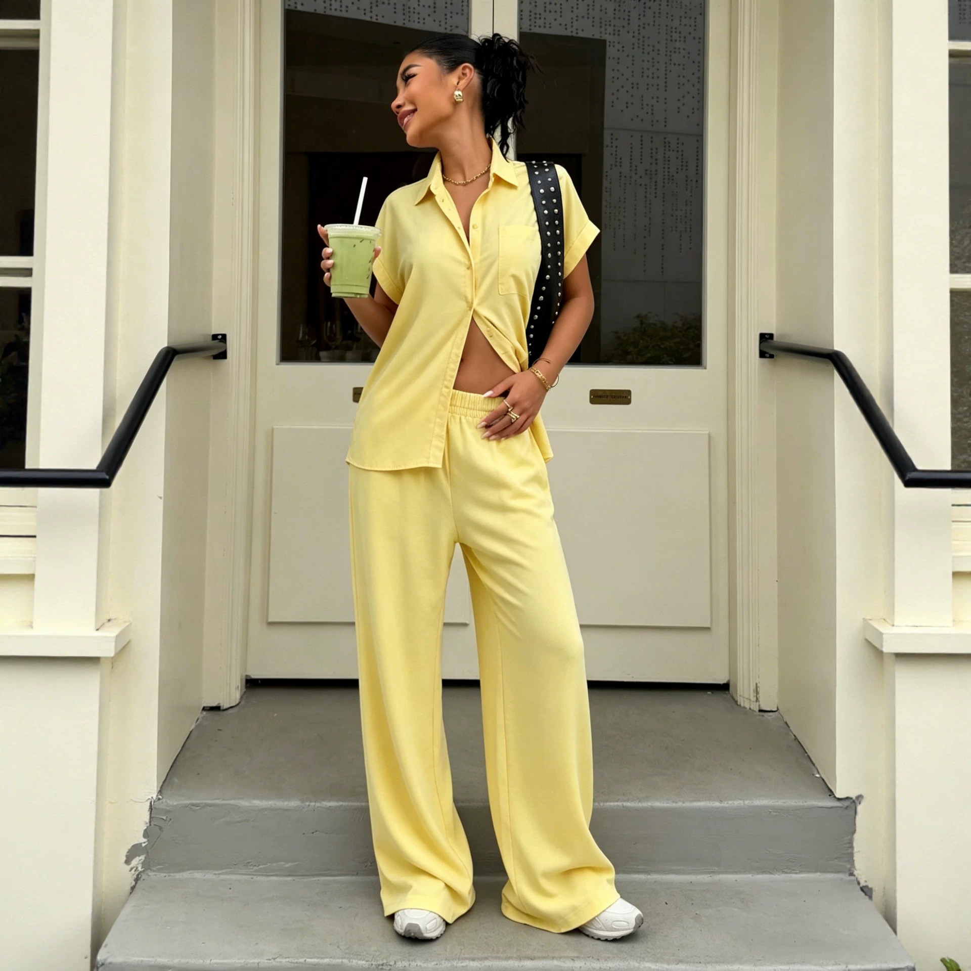 Women's Collared Short Sleeve Button Shirt & High Waist Wide Leg Pants Set