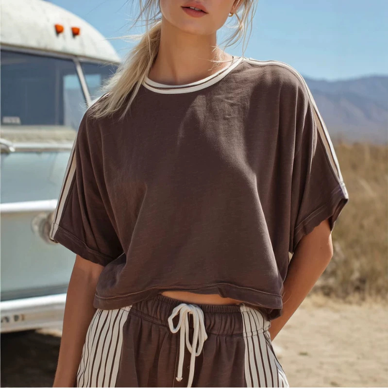 Retro Color Block Striped Brown Short Sleeve Cotton T-Shirt and Shorts Set