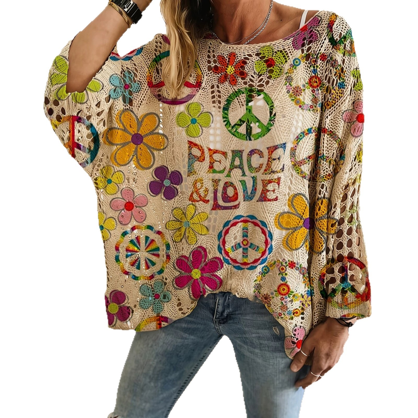 Women's Crochet Hollow-Out Colorful Print Batwing Sleeve Knit Sweater