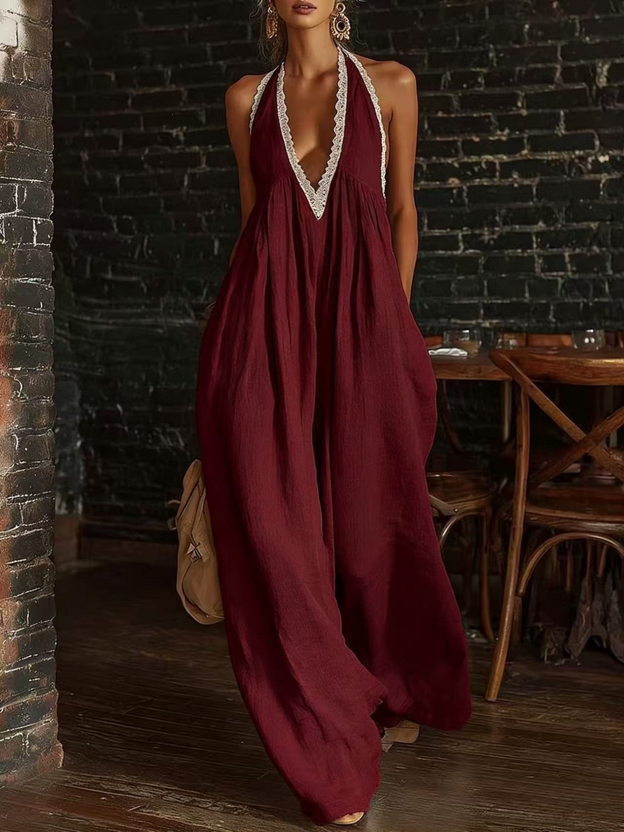 Women's Halter Deep V Lace Panel Loose Linen Jumpsuit