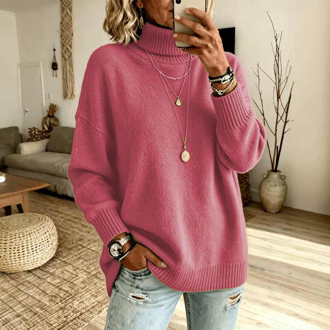 Women's Lazy Pure Color Elegant Slit Loose Turtleneck Knit Sweater