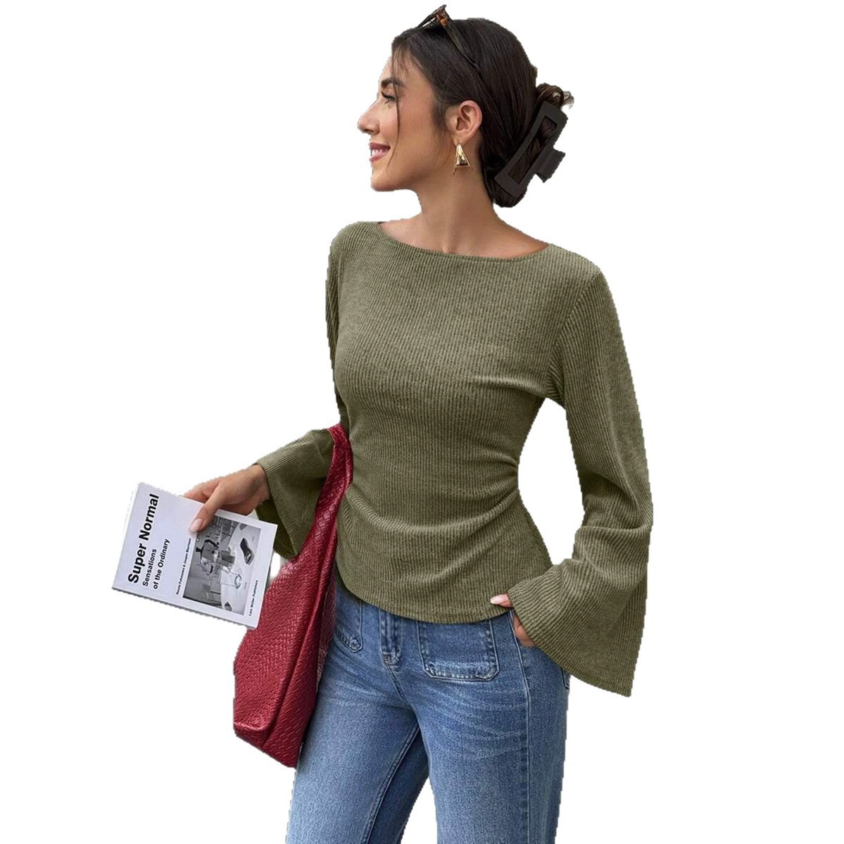 Women's Solid Off-Shoulder Bell Sleeve Cinched Waist Top