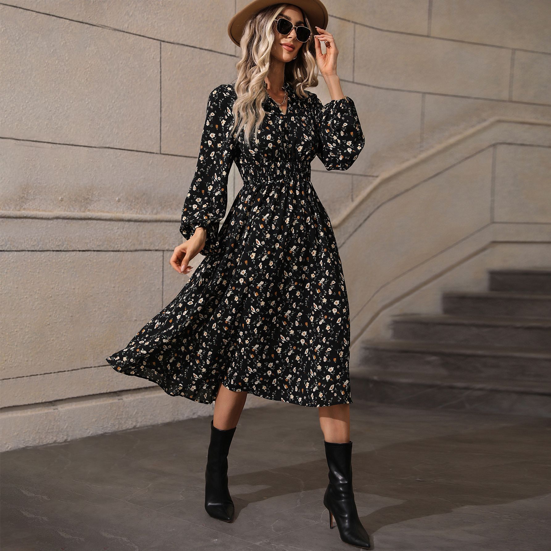 Women's V-Neck Long Sleeve Polka Dot Midi Dress High Waist Slimming