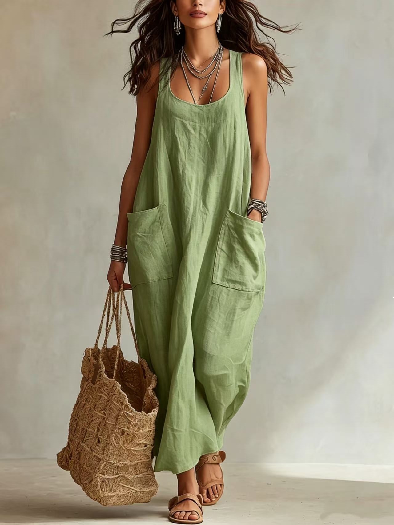 Women's Cotton-Linen Sleeveless A-Line Maxi Dress with Pockets
