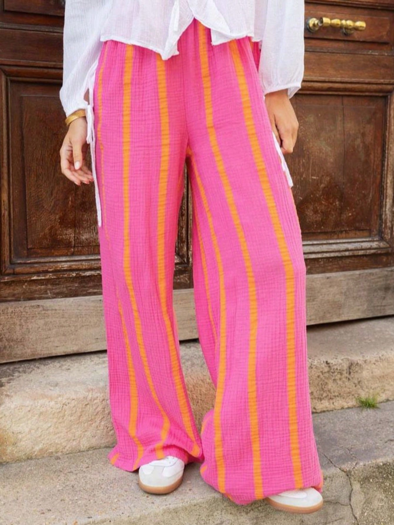 Women's Striped Print Wide-Leg Pants with Side Pockets Casual Comfortable