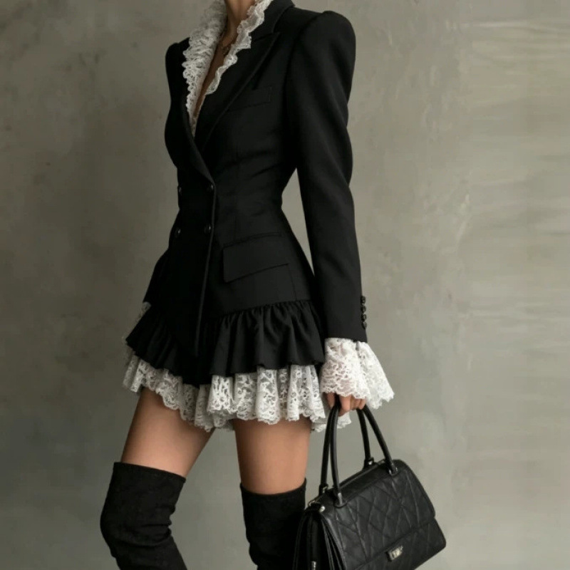 Women's Color-Block Long-Sleeve A-Line Dress with Suit Collar
