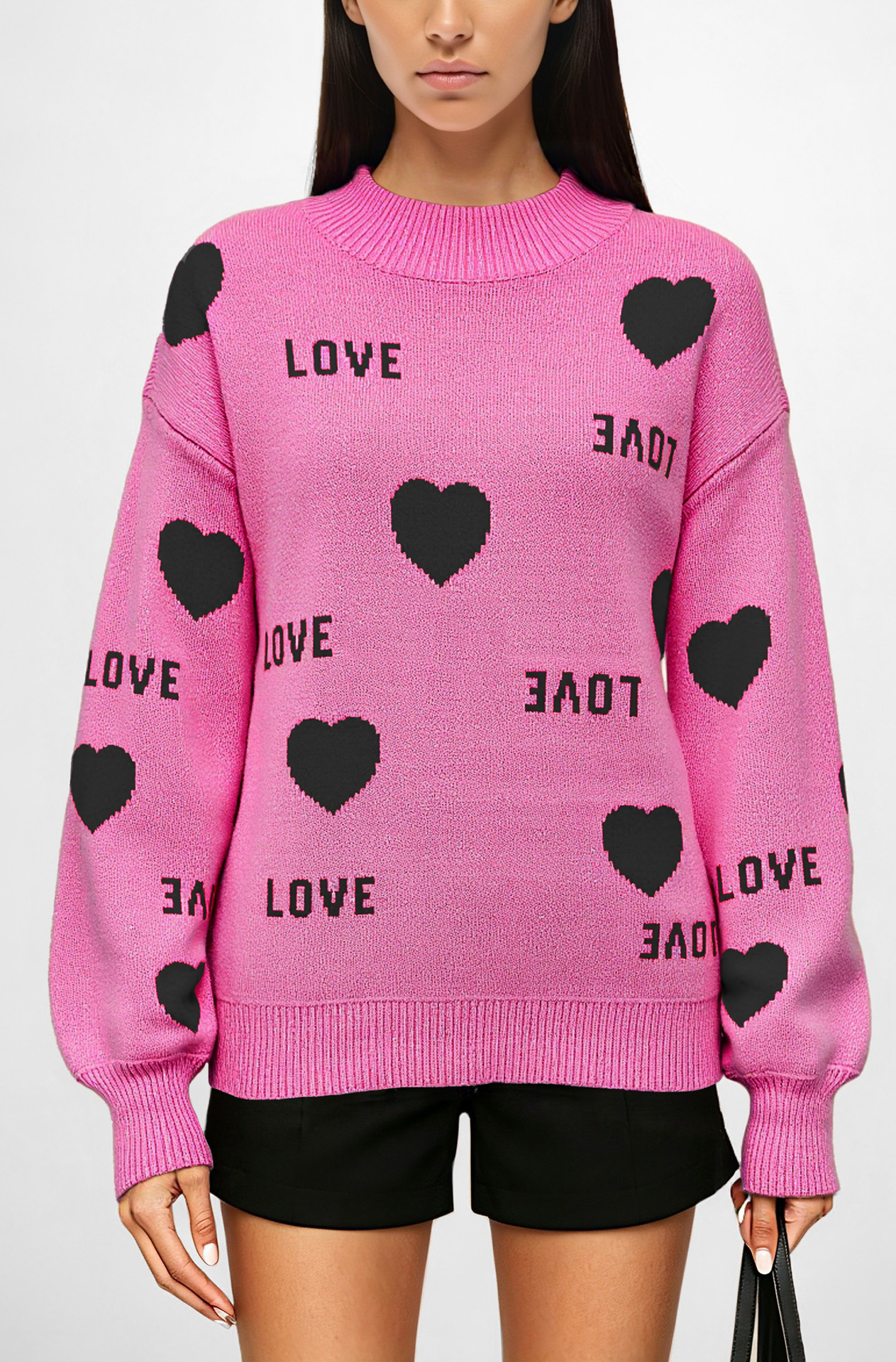 Heart Jacquard Pullover Sweater Crew Neck Loose Fit