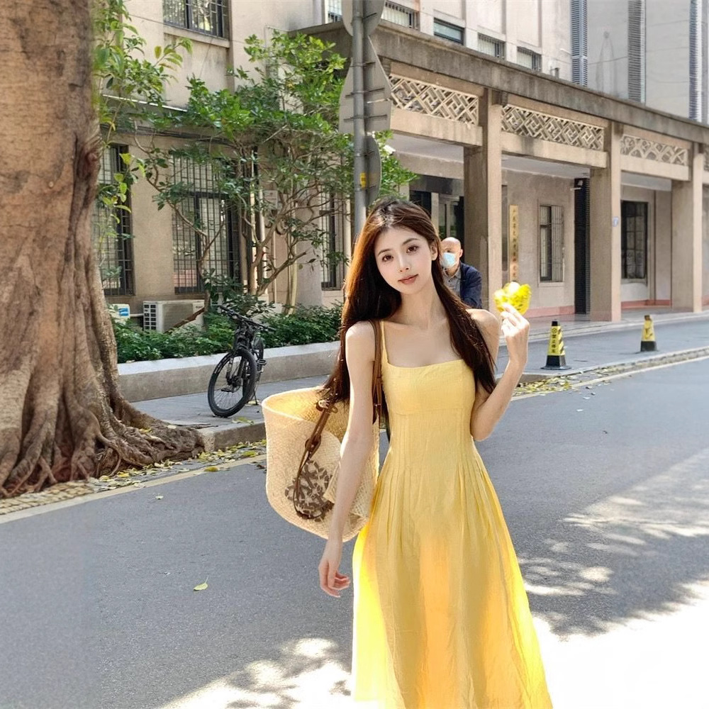 Yellow Sleeveless Slip Dress Square Neck Cinched Waist Long Dress