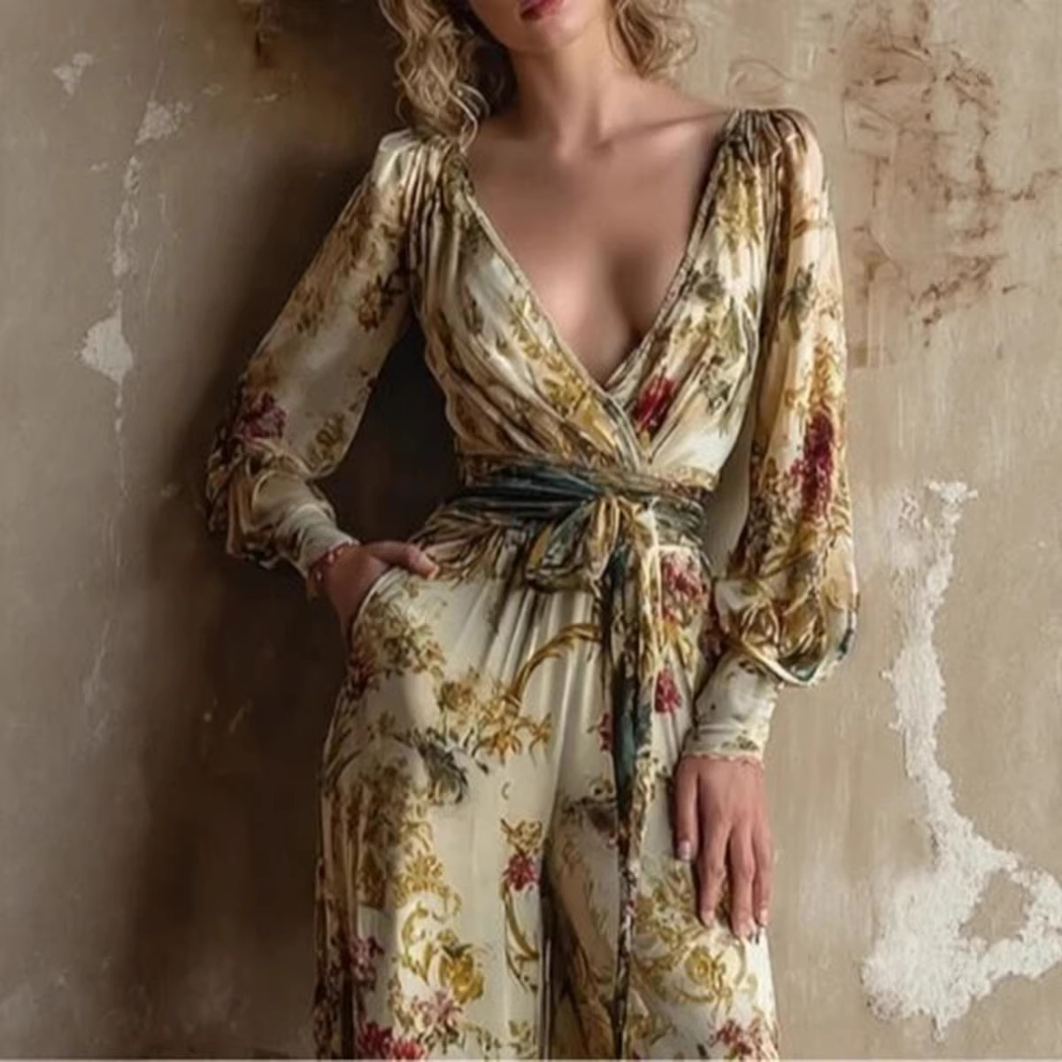 Women's Deep V Lantern Sleeve Floral Print Tie Wide Leg Jumpsuit