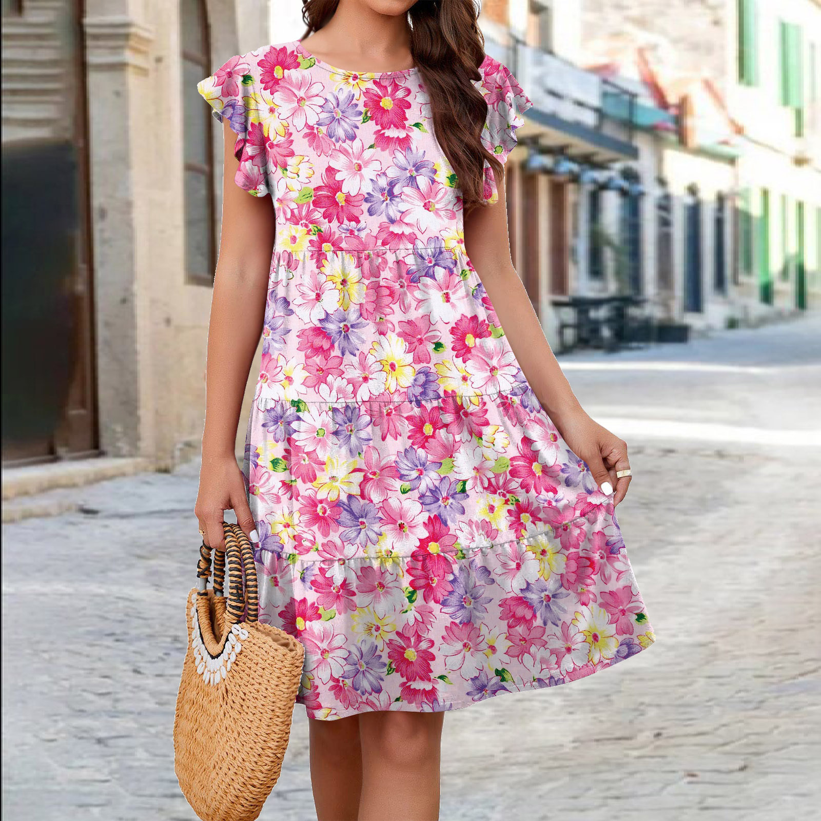 Floral Print Tiered Cake Dress with Flutter Sleeves