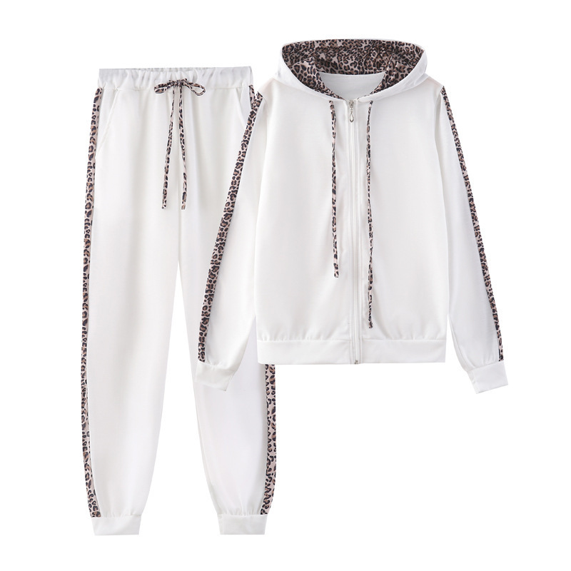 Leopard Print Long Sleeve Zip Hoodie and Pants Set for Women