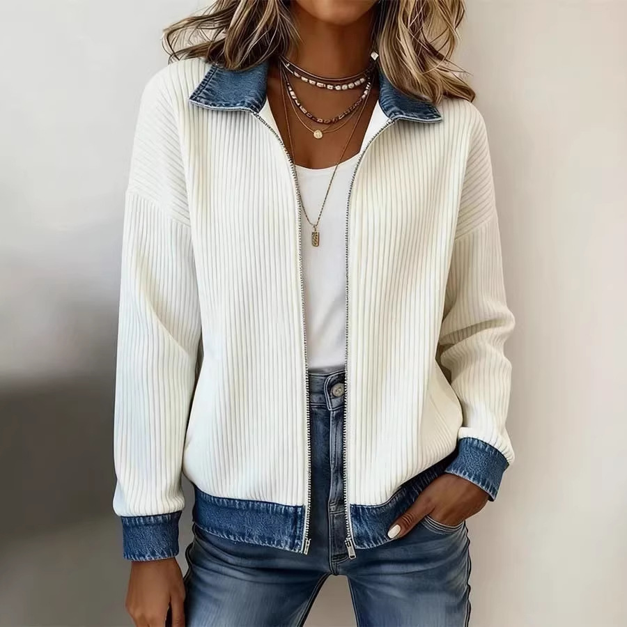 Women's Knit Spliced Denim Shirt Jacket Long Sleeve Open Front