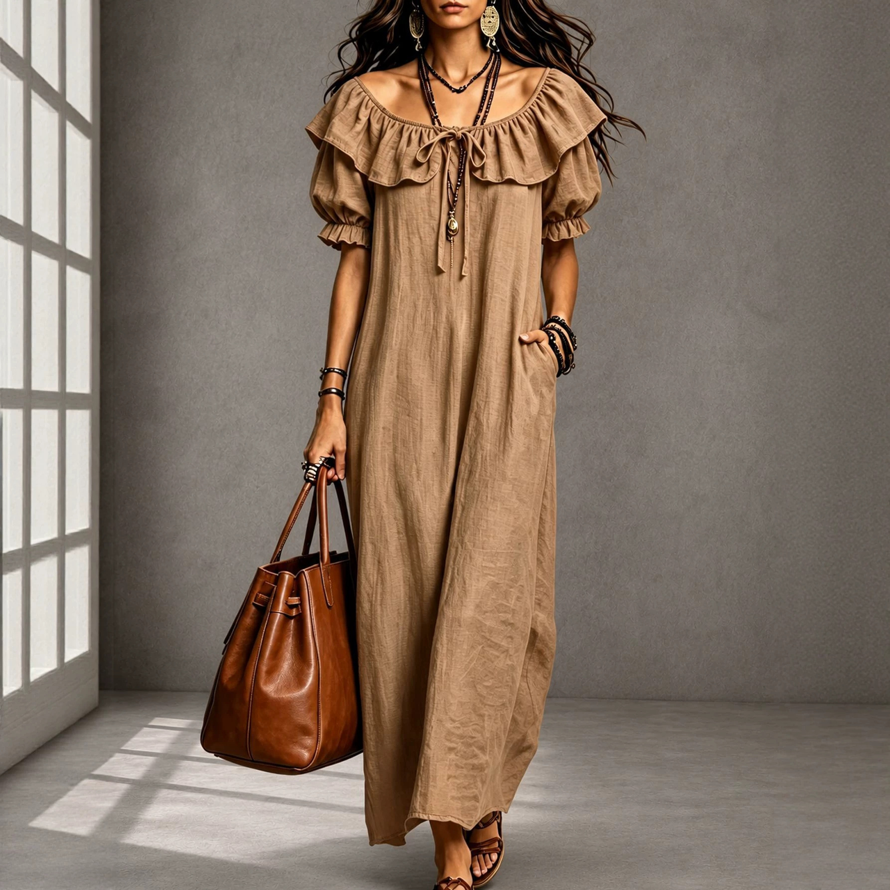 Ruffled Crew Neck A-Line Midi Dress for Beach Vacation