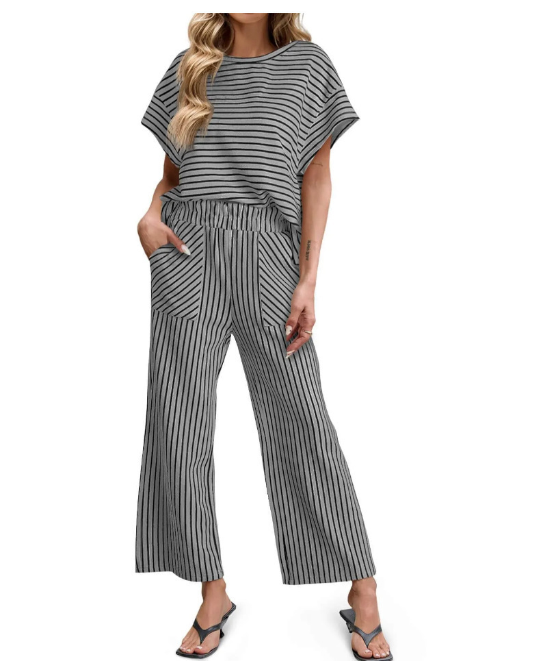 Women's Striped Two-Piece Set Short-Sleeve T-Shirt & Wide-Leg Pants with Pockets