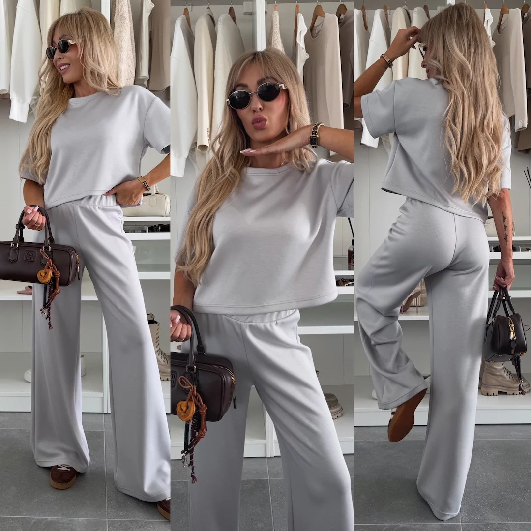 Women's Casual Solid Short Sleeve T-Shirt and Wide-Leg Pants Two-Piece Set