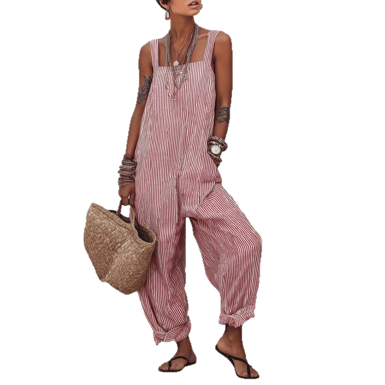 Women's Sleeveless Striped Print Loose Casual Jumpsuit