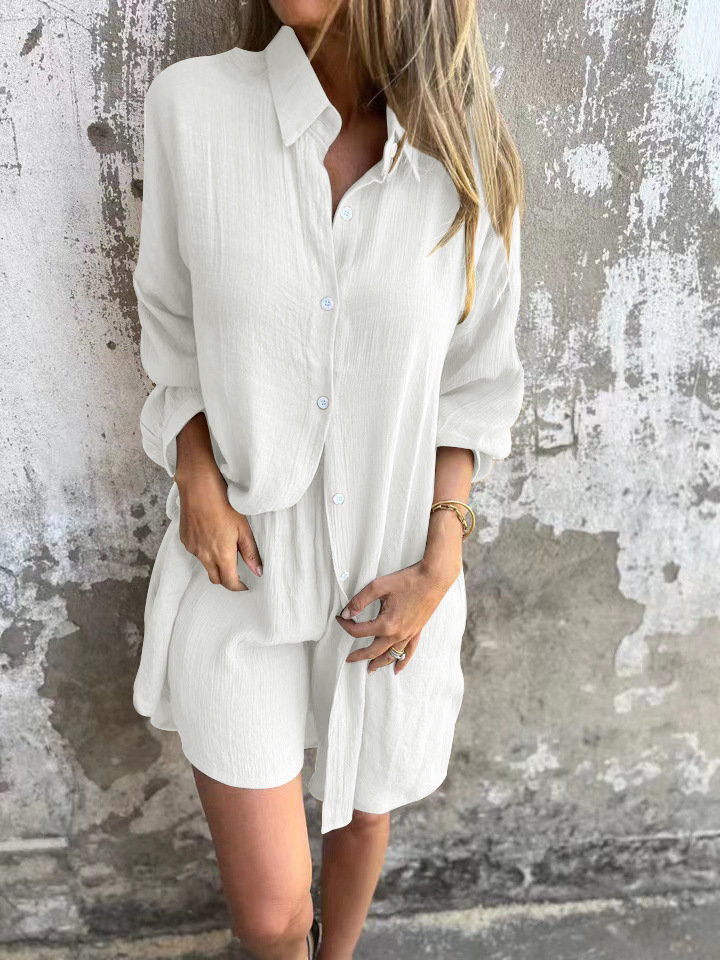 Women's Printed Long-Sleeve Collared Shirt and Shorts Set