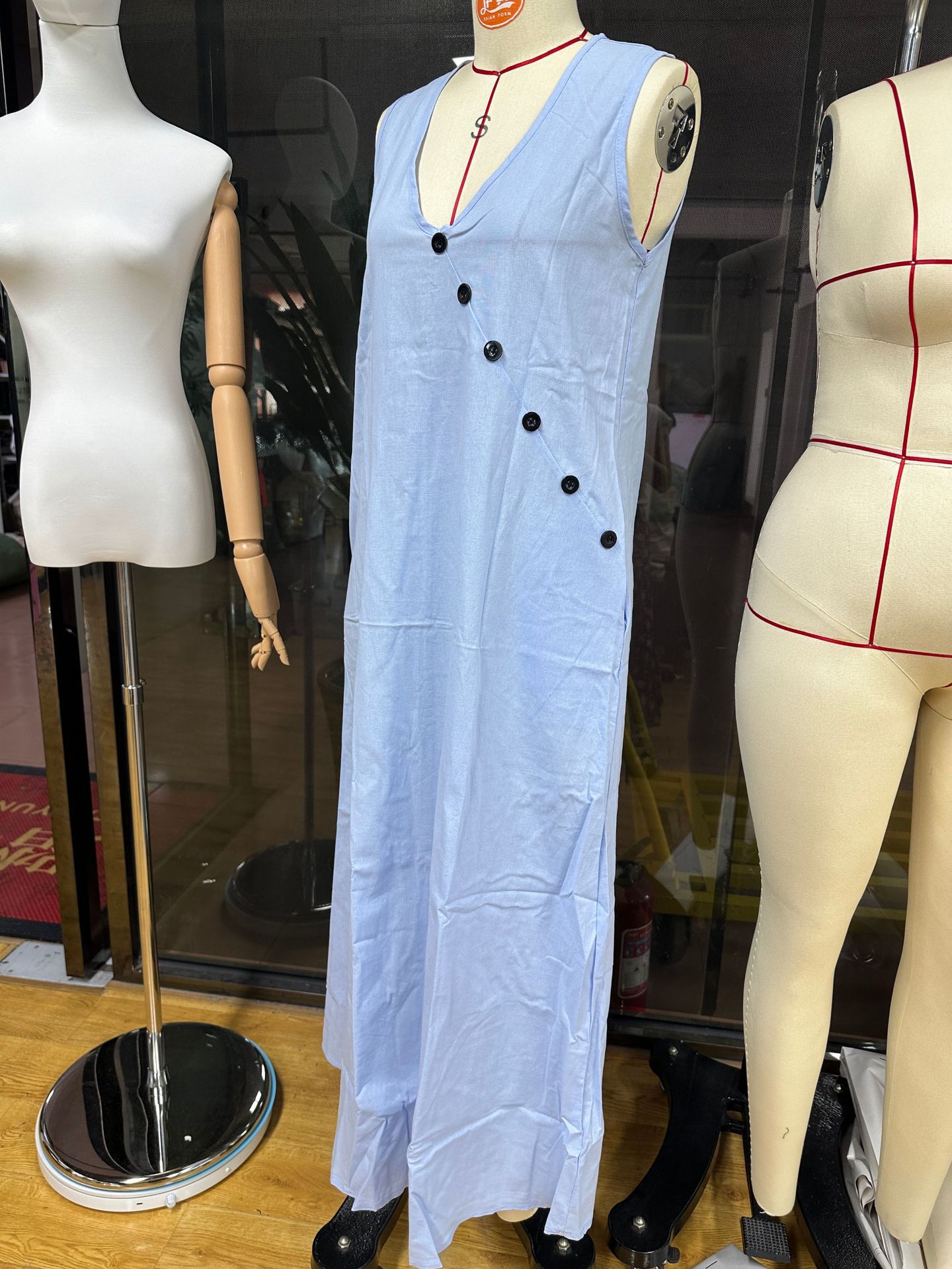 V-Neck Sleeveless Button-Front Midi Dress Cotton-Linen Vacation Casual