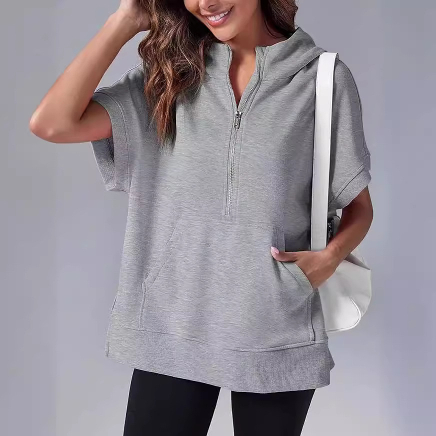 Solid Color Casual Short Sleeve Hooded Sweatshirt