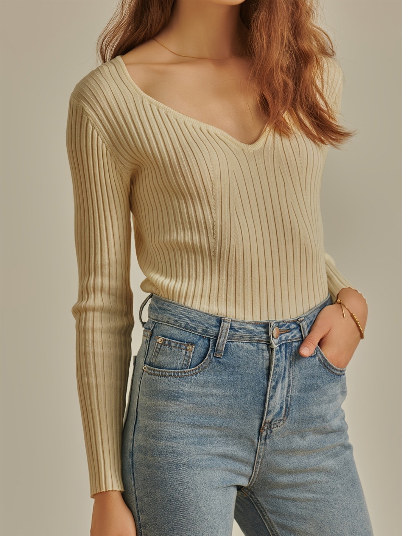 Women's V-Neck Ribbed Knit Long-Sleeve Slim Fit Top