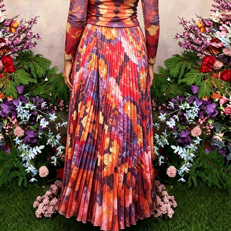 Elegant Slim-Fit Printed Long Dress Set for Women