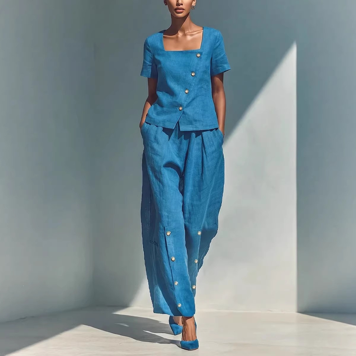 Women's Cotton-Linen Short Sleeve Top and High-Waist Pants Set