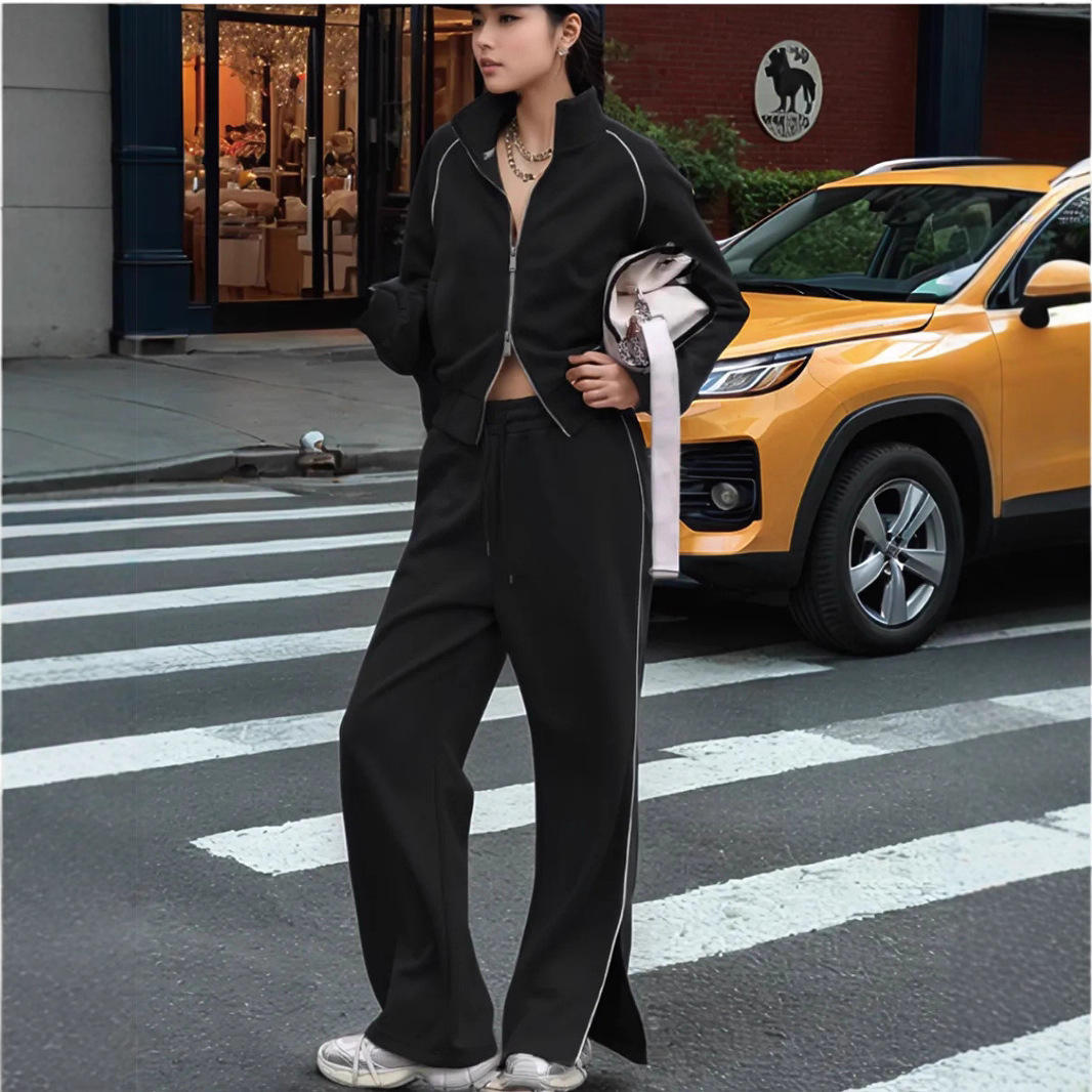 Women's Casual Two-Piece Set Long Sleeve Half-Turtleneck Zip Cardigan Sweatshirt & Striped Drawstring Pants