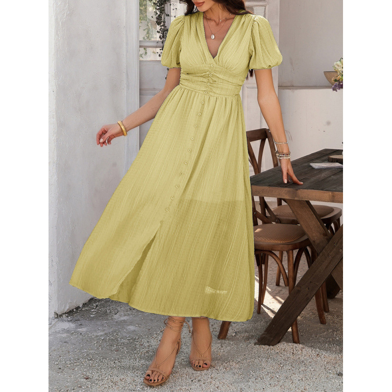 V-Neck High-Waist Short-Sleeve Slit Dress