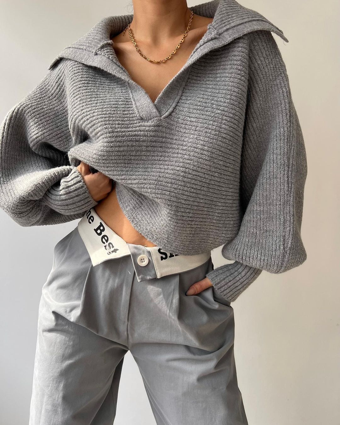 Women's Loose Lantern Sleeve Open Collar Pullover Cropped Sweater