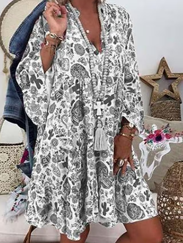 Floral Print 3/4 Sleeve Ruffle A-Line Dress V-Neck Loose Fit