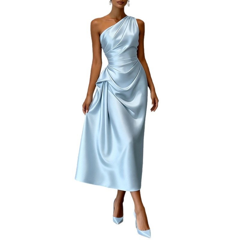 Women's Off-Shoulder Evening Dress Elegant Slim-Fit Solid Color Long Gown
