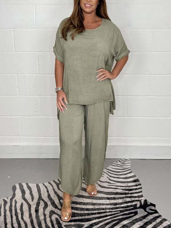 Lightweight Breathable Split Side Wide-Leg Pants Set