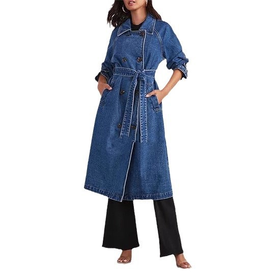 Women's Long Denim Trench Coat with Pockets Button-Up Loose Fit